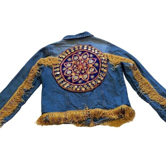 Custom Denim Jean Jacket Shacket Mandala Festival Fringe Embroidered Bohemian Me - Picture 2 of 8